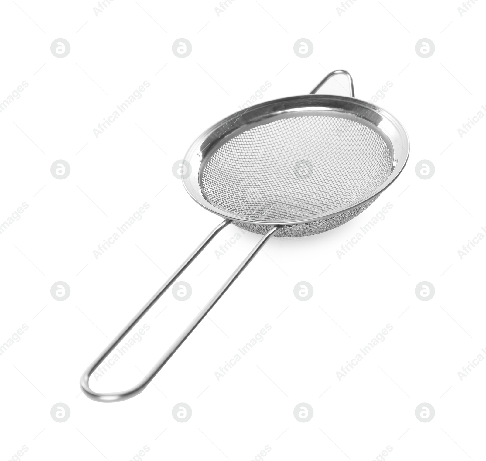 Photo of One metal sieve isolated on white. Cooking utensil