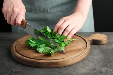 Photo of Woman cutting fresh coriander at grey textured table, closeup