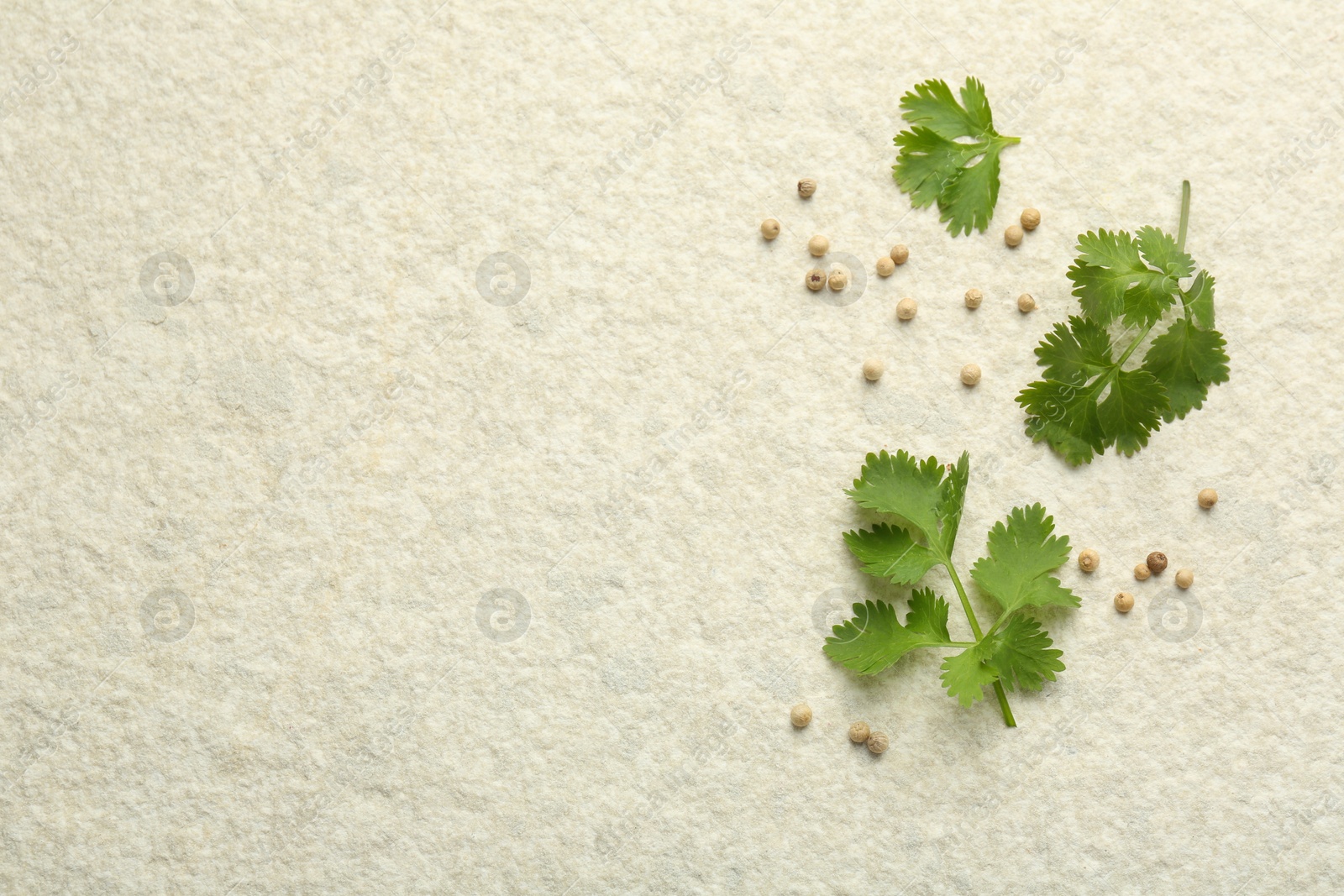 Photo of Fresh coriander leaves and dried seeds on light textured table, flat lay. Space for text