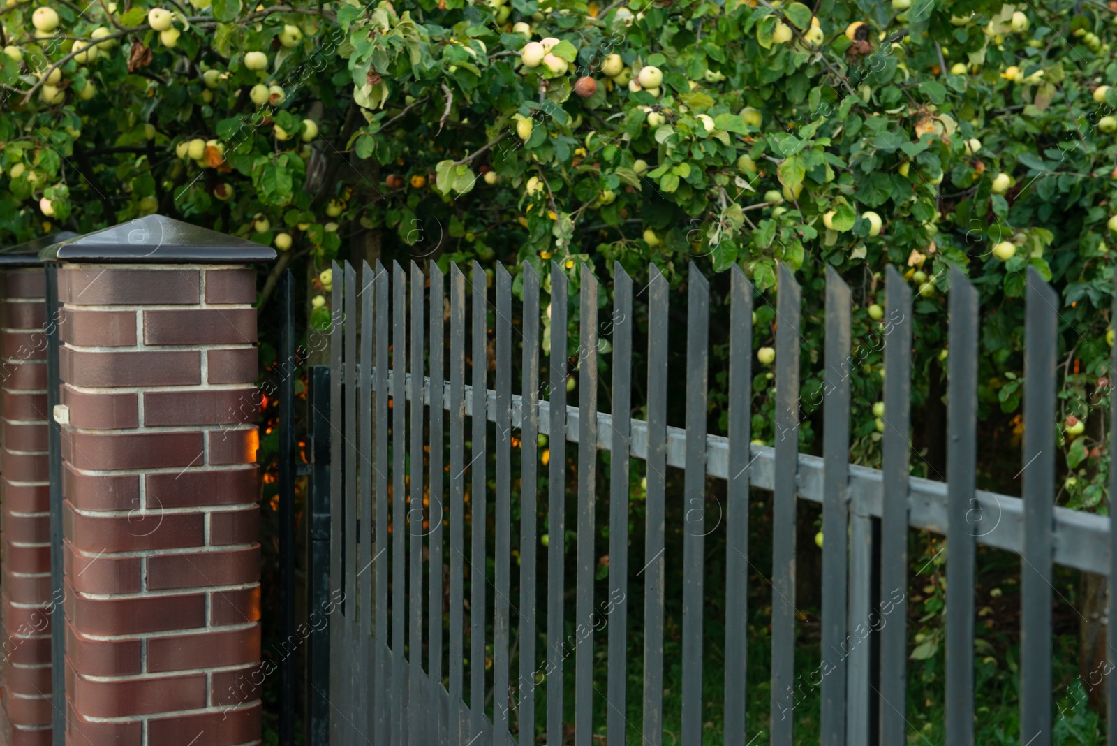 Photo of Beautiful brick fence with iron railing outdoors