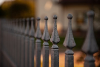 Beautiful iron fence on sunny day outdoors, closeup