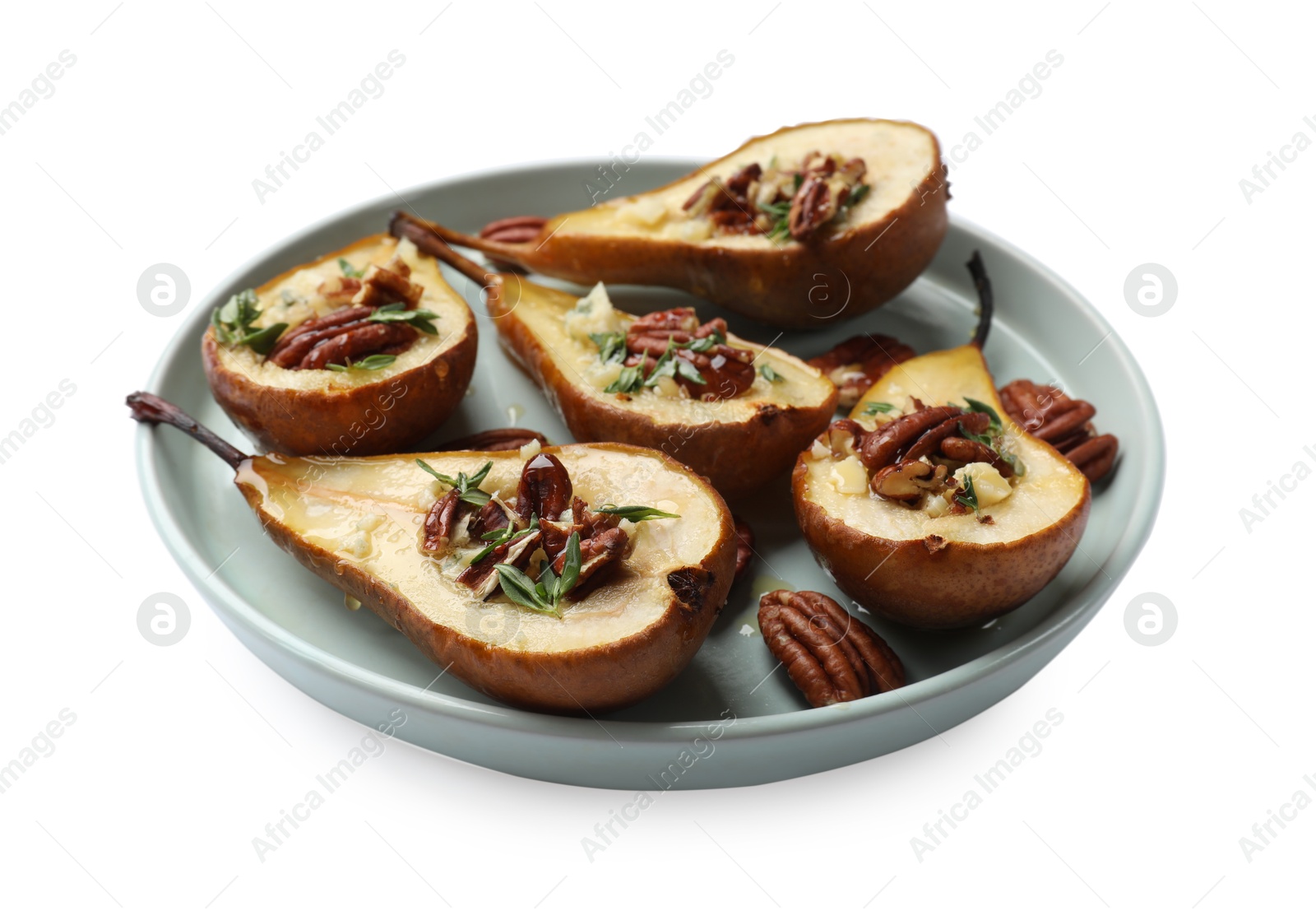 Photo of Tasty baked pears with nuts, blue cheese, thyme and honey on white background