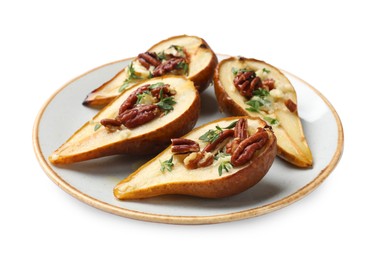 Tasty baked pears with nuts, blue cheese, thyme and honey on white background