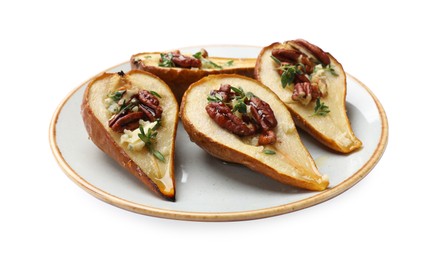 Photo of Tasty baked pears with nuts, blue cheese, thyme and honey on white background