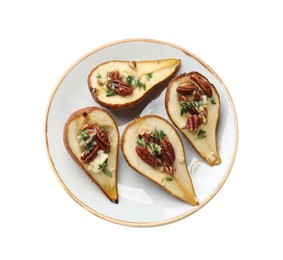 Tasty baked pears with nuts, blue cheese, thyme and honey on white background, top view