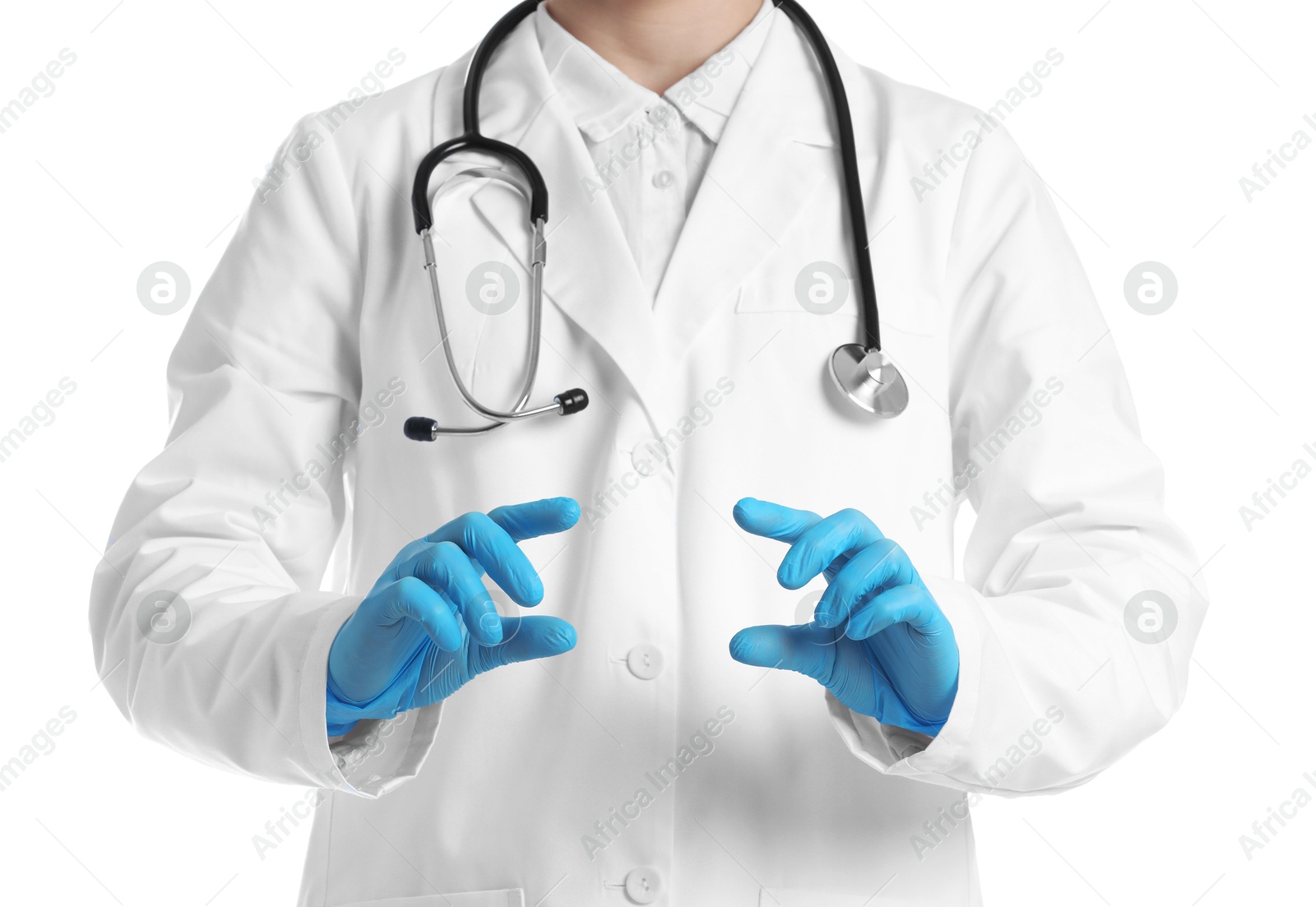 Photo of Doctor holding something on white background, closeup