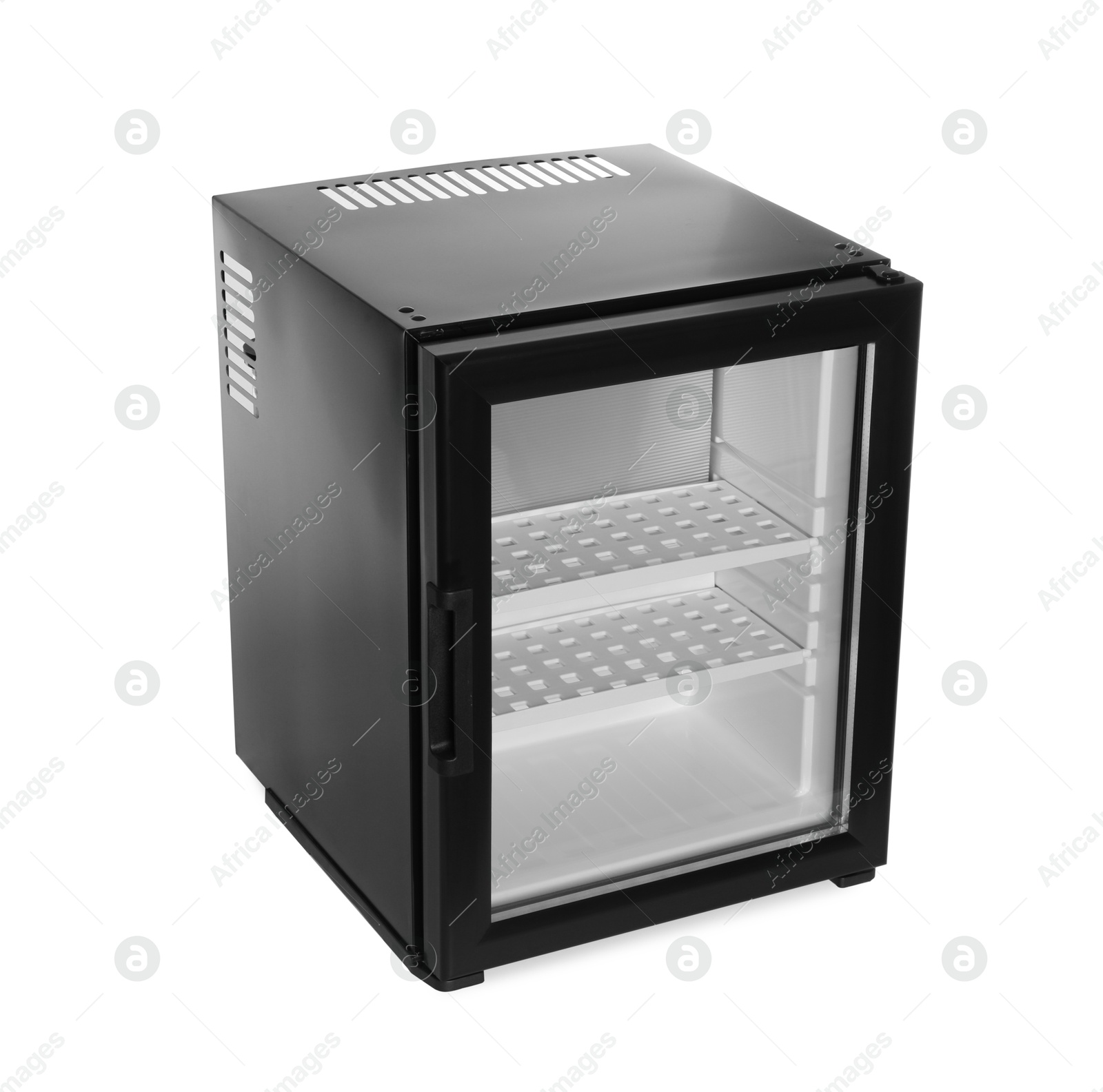 Photo of Empty modern mini refrigerator isolated on white