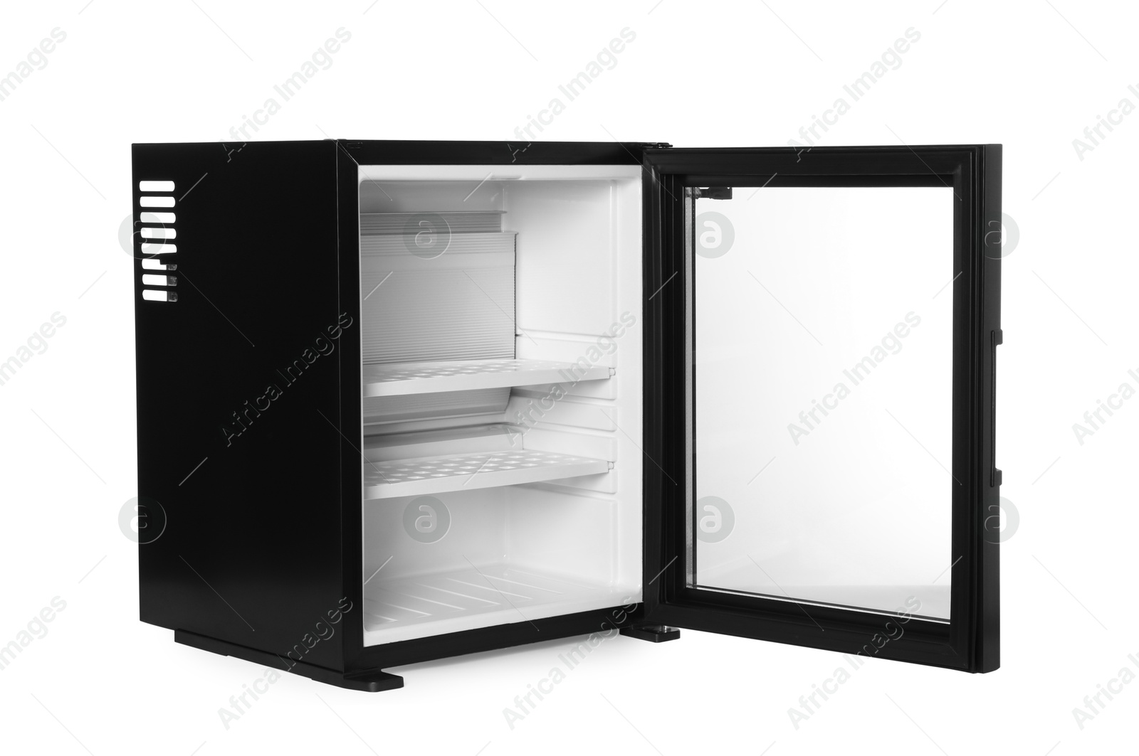 Photo of Empty modern mini refrigerator isolated on white