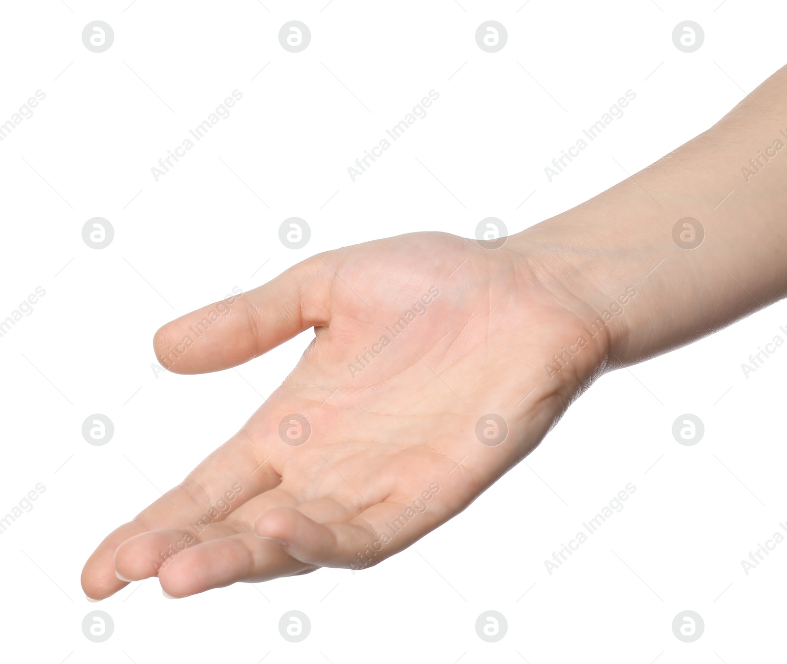 Photo of Woman showing hand on white background, closeup