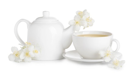 Photo of Aromatic herbal tea with jasmine flowers isolated on white