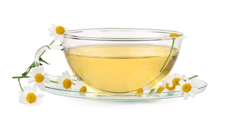 Aromatic herbal tea in glass cup and chamomiles isolated on white