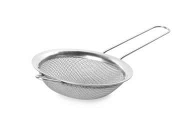 One metal sieve isolated on white. Cooking utensil