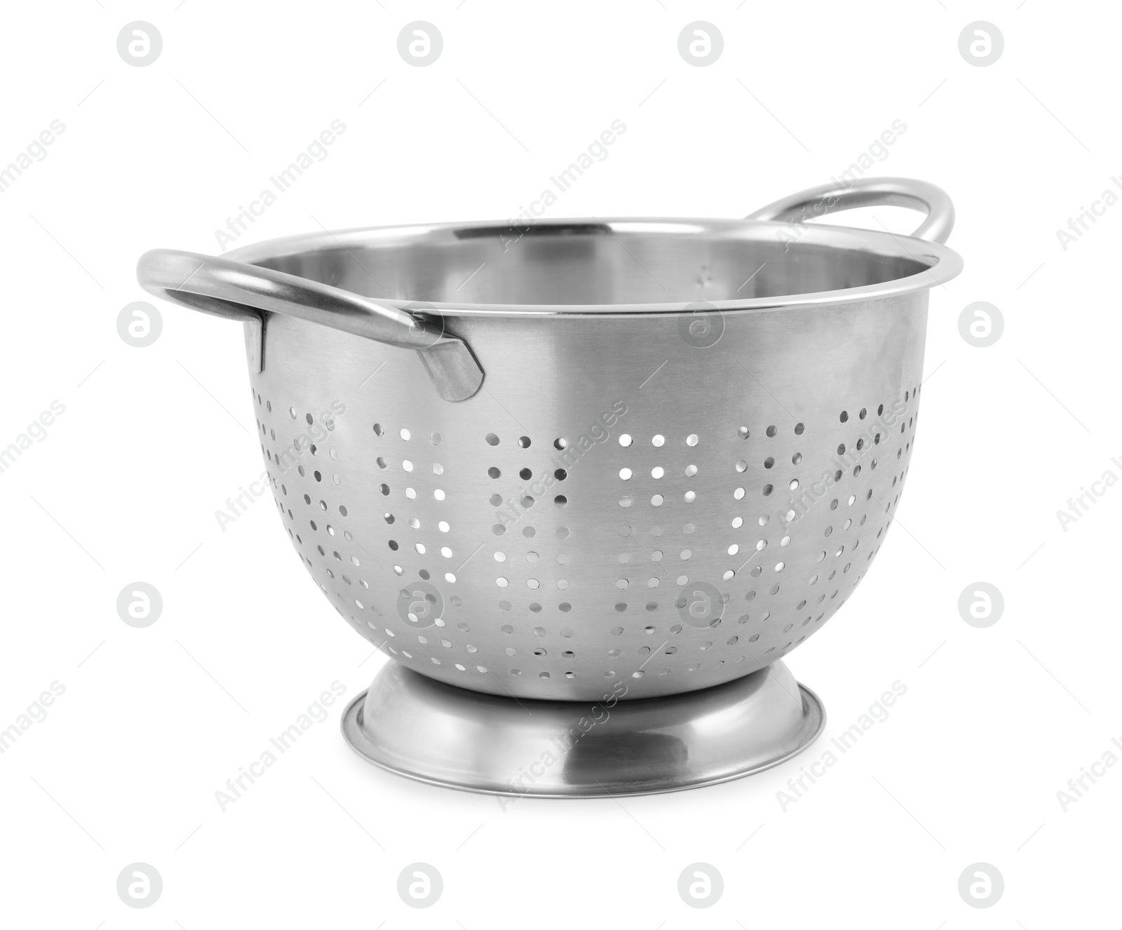 Photo of One metal colander isolated on white. Cooking utensil