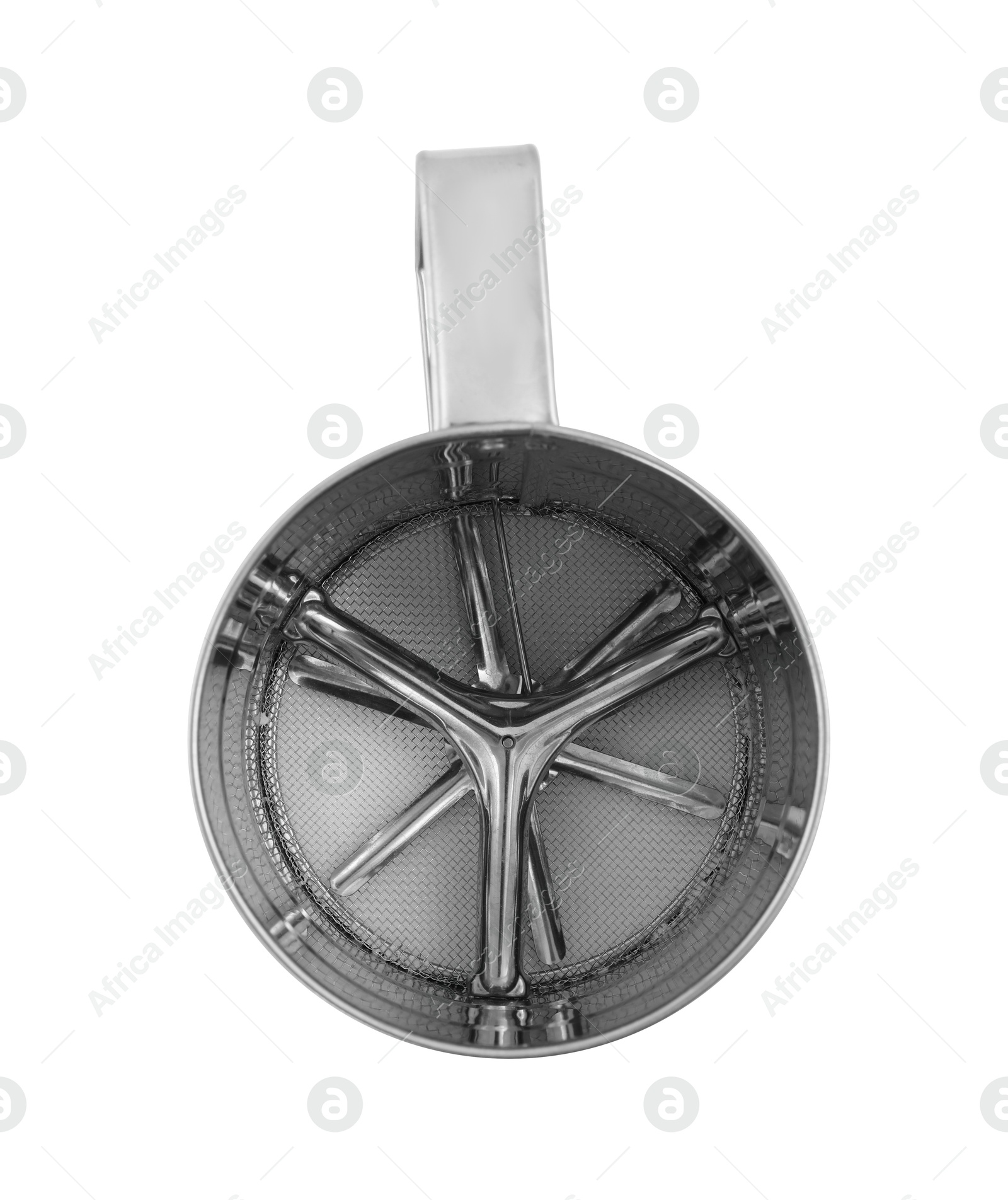 Photo of One metal sieve isolated on white. Cooking utensil