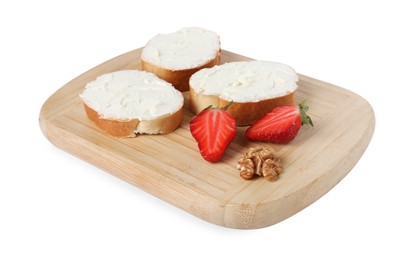 Photo of Delicious bruschettas with ricotta cheese, strawberry and walnut isolated on white