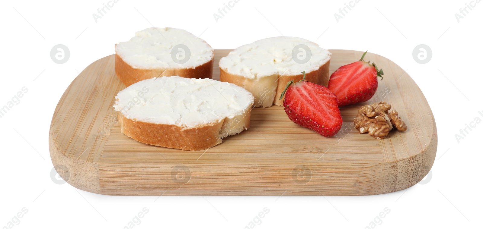 Photo of Delicious bruschettas with ricotta cheese, strawberry and walnut isolated on white