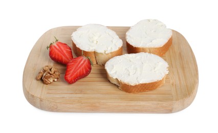 Delicious bruschettas with ricotta cheese, strawberry and walnut isolated on white