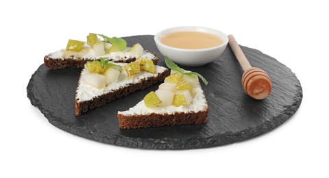 Photo of Delicious bruschettas with ricotta cheese, pear, mint and honey isolated on white