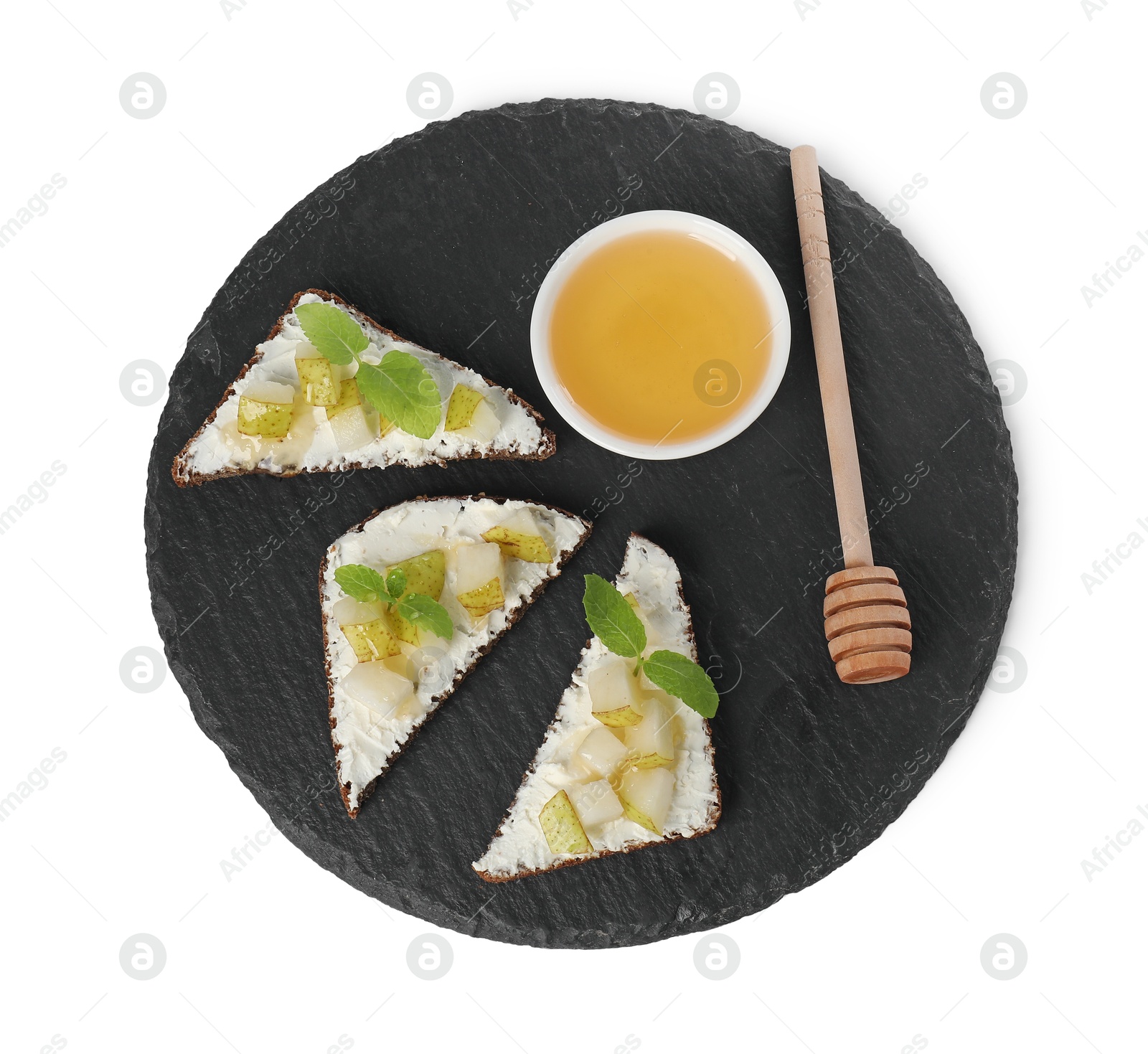 Photo of Delicious bruschettas with ricotta cheese, pear, mint and honey isolated on white, top view