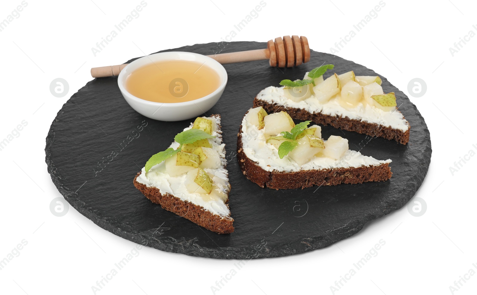 Photo of Delicious bruschettas with ricotta cheese, pear, mint and honey isolated on white