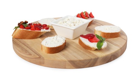 Photo of Board with different tasty ricotta bruschettas isolated on white