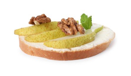 Delicious bruschetta with ricotta cheese, pear, mint and walnuts isolated on white