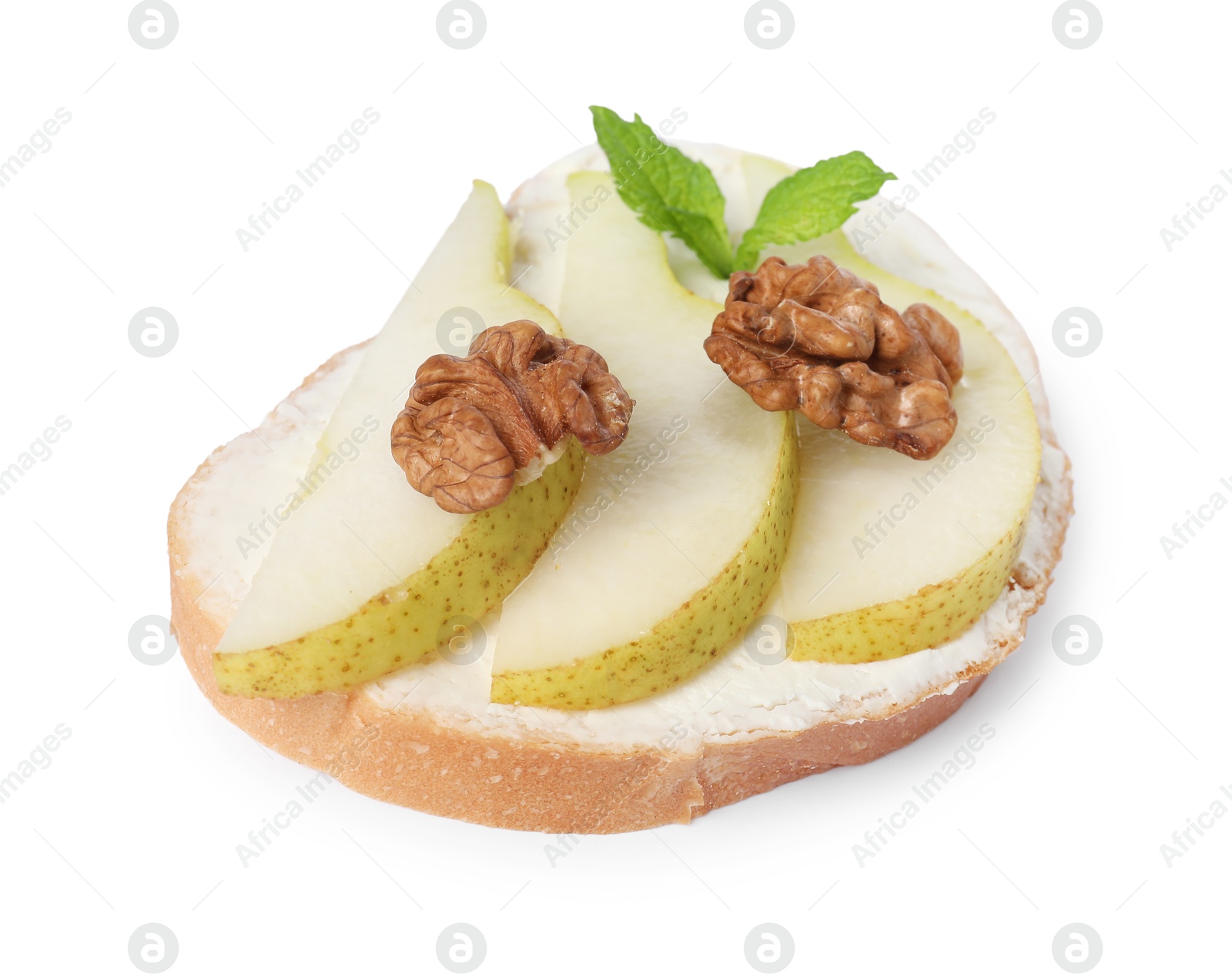 Photo of Delicious bruschetta with ricotta cheese, pear, mint and walnuts isolated on white