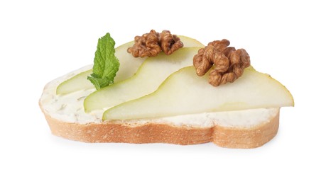 Photo of Delicious bruschetta with ricotta cheese, pear, mint and walnuts isolated on white