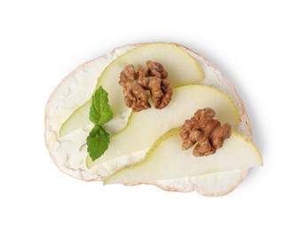 Photo of Delicious bruschetta with ricotta cheese, pear, mint and walnuts isolated on white, top view