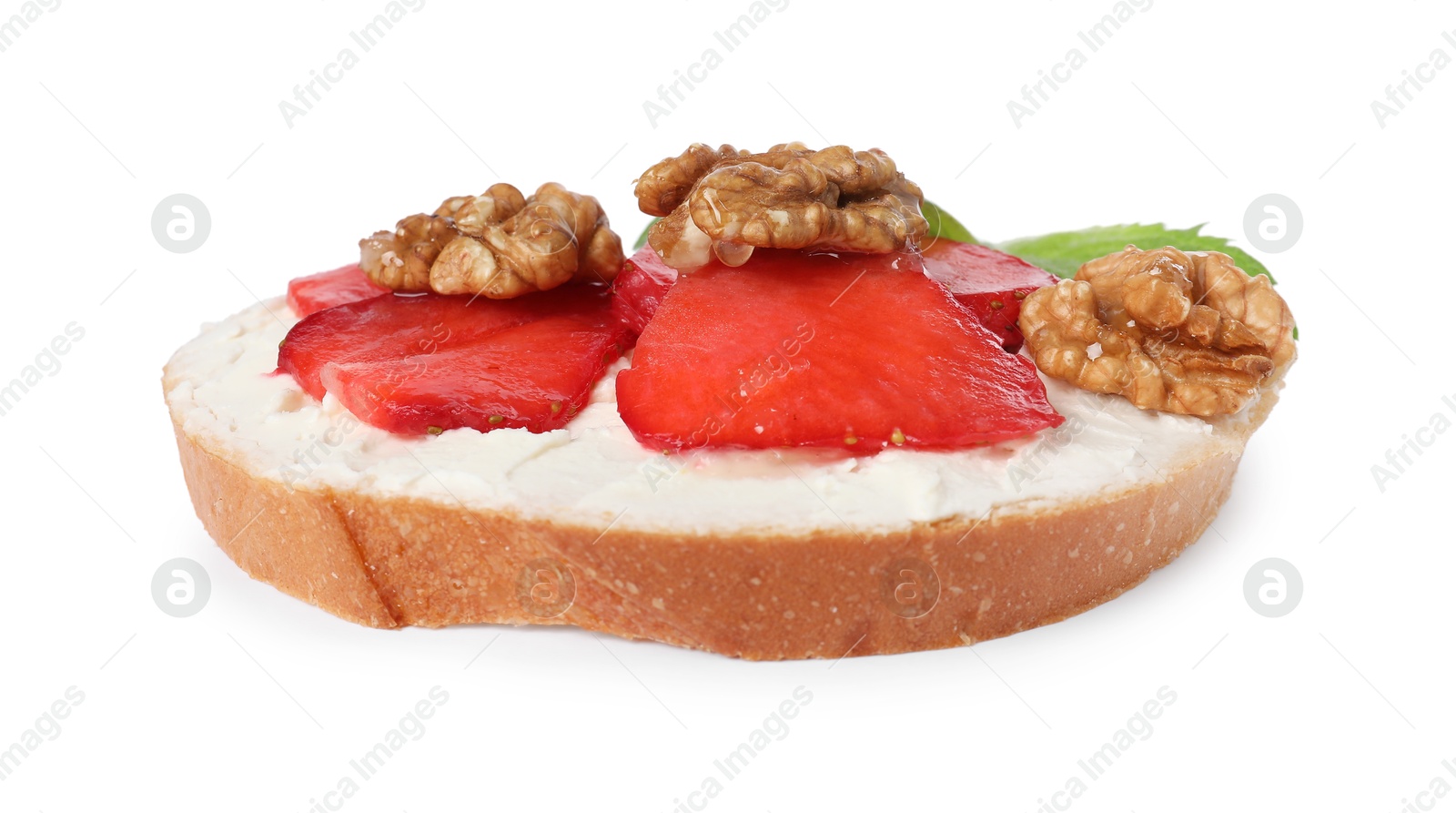 Photo of Delicious bruschetta with ricotta cheese, strawberries and walnuts isolated on white