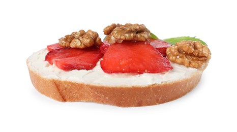 Photo of Delicious bruschetta with ricotta cheese, strawberries and walnuts isolated on white