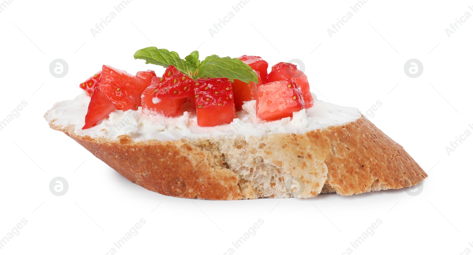 Photo of Delicious ricotta bruschetta with strawberry and mint isolated on white