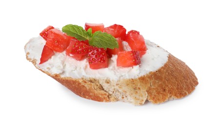 Photo of Delicious ricotta bruschetta with strawberry and mint isolated on white