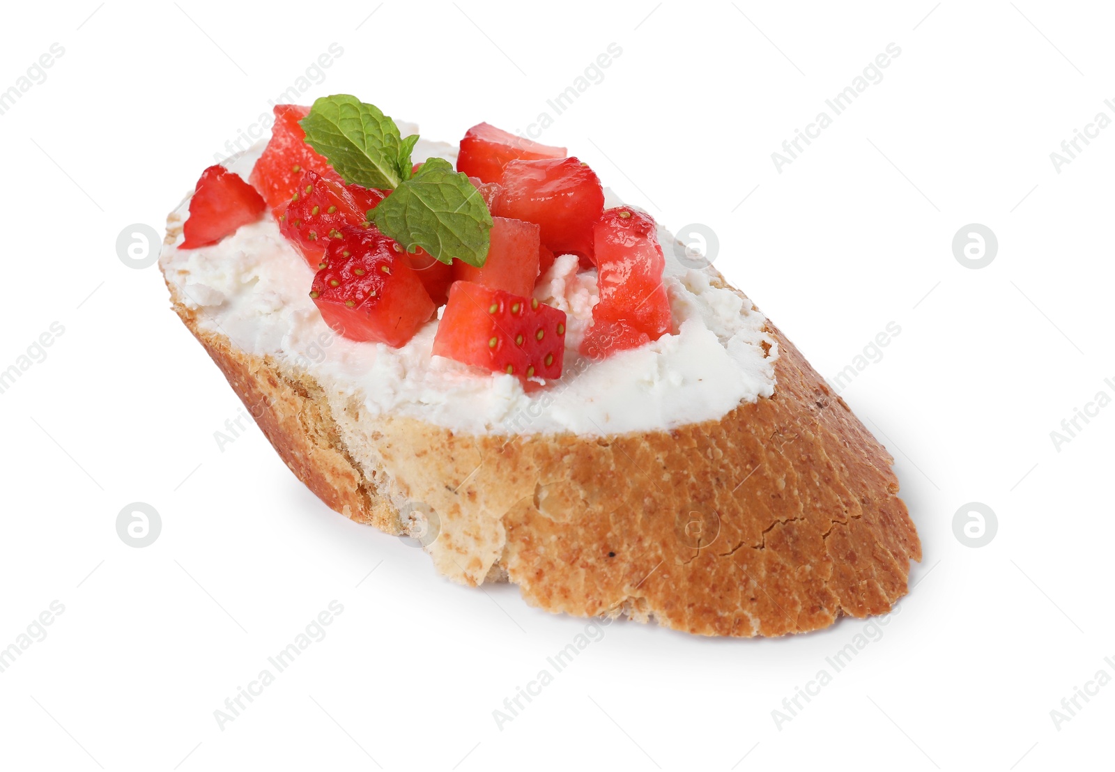 Photo of Delicious ricotta bruschetta with strawberry and mint isolated on white