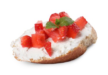 Photo of Delicious ricotta bruschetta with strawberry and mint isolated on white