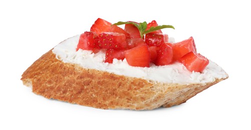 Delicious ricotta bruschetta with strawberry and mint isolated on white