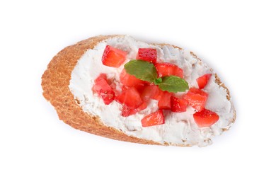 Photo of Delicious ricotta bruschetta with strawberry and mint isolated on white, top view