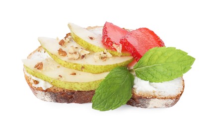 Photo of Delicious ricotta bruschetta with pear, strawberry and walnut isolated on white