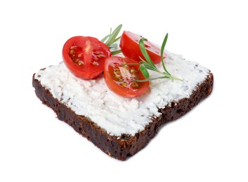 Delicious ricotta bruschetta with cherry tomatoes and rosemary isolated on white