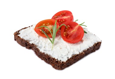Photo of Delicious ricotta bruschetta with cherry tomatoes and rosemary isolated on white