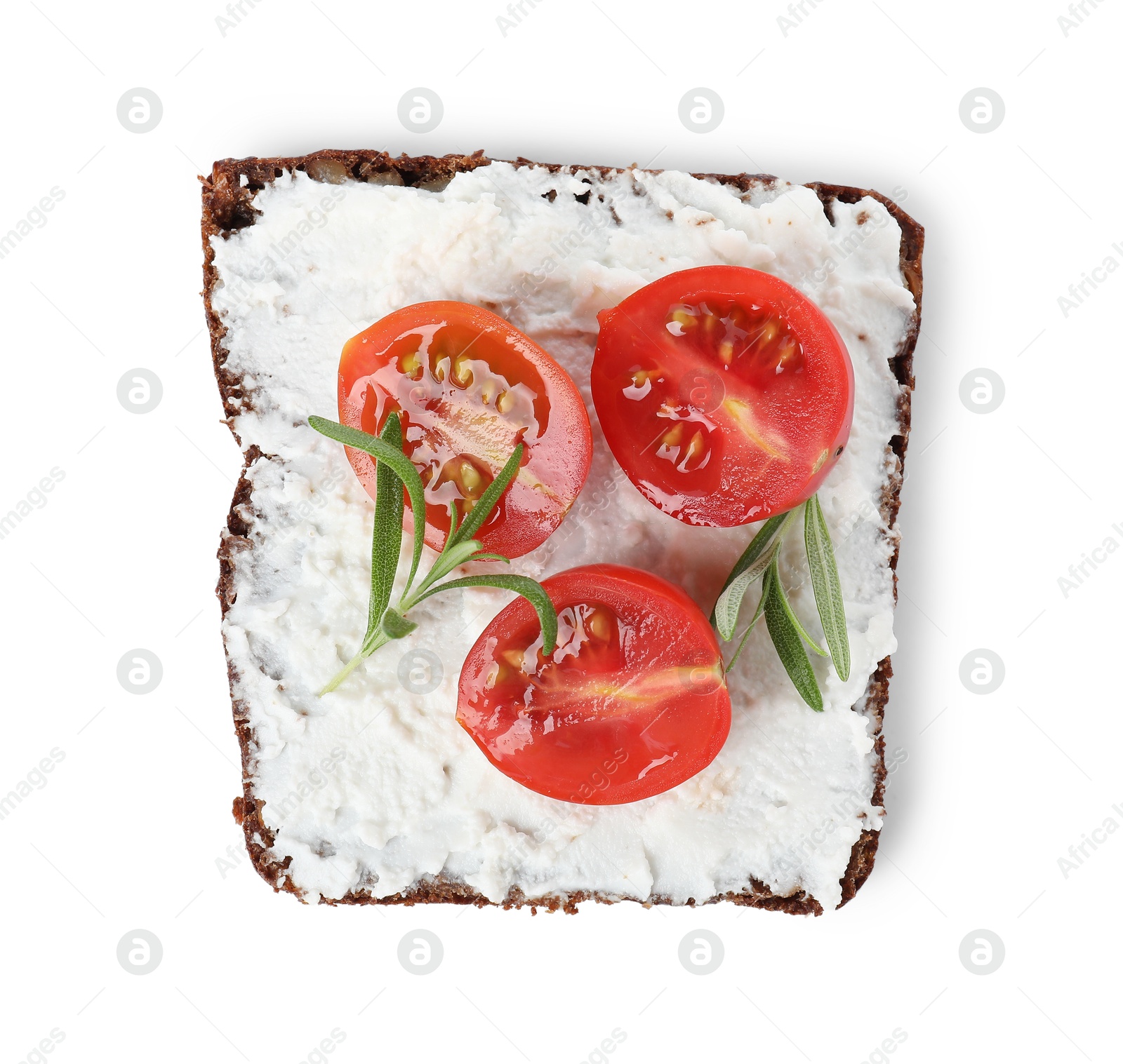 Photo of Delicious ricotta bruschetta with cherry tomatoes and rosemary isolated on white, top view