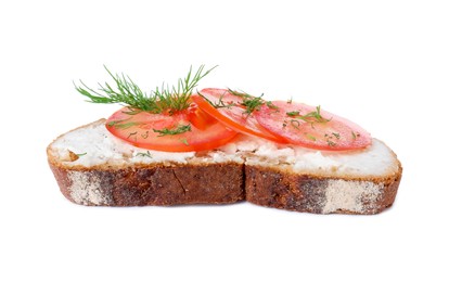 Delicious ricotta bruschetta with sliced tomatoes and dill isolated on white