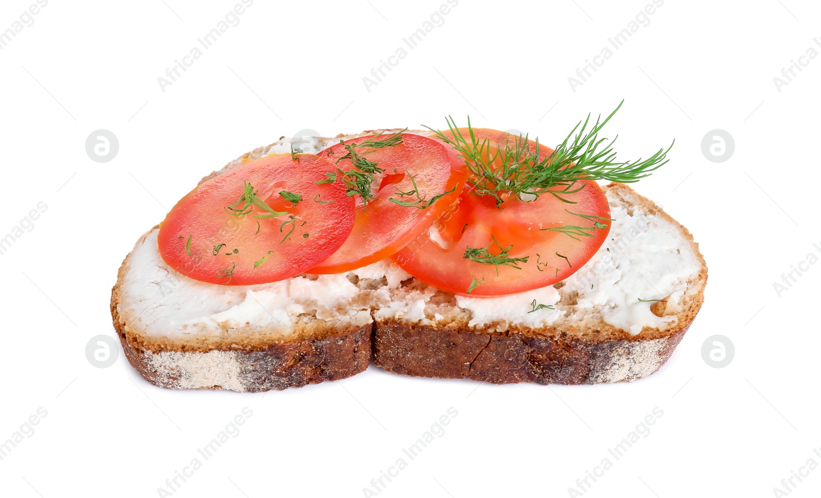 Photo of Delicious ricotta bruschetta with sliced tomatoes and dill isolated on white