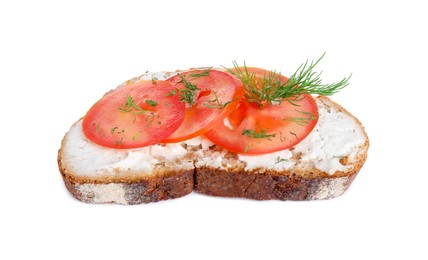 Photo of Delicious ricotta bruschetta with sliced tomatoes and dill isolated on white