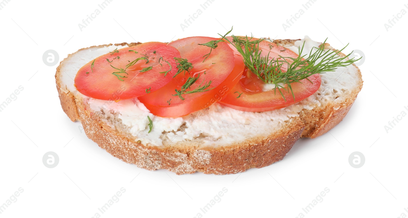 Photo of Delicious ricotta bruschetta with sliced tomatoes and dill isolated on white