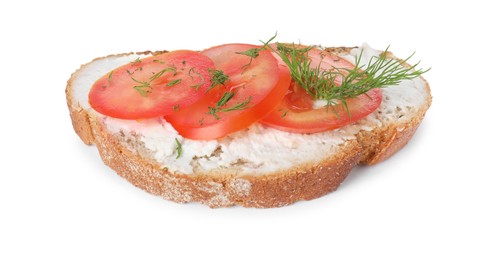 Photo of Delicious ricotta bruschetta with sliced tomatoes and dill isolated on white