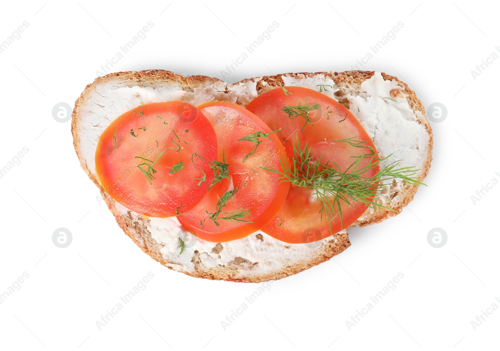 Photo of Delicious ricotta bruschetta with sliced tomatoes and dill isolated on white, top view