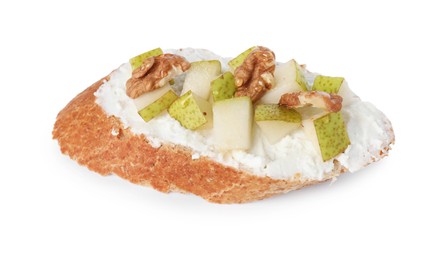 Photo of Delicious ricotta bruschetta with pear and walnut isolated on white