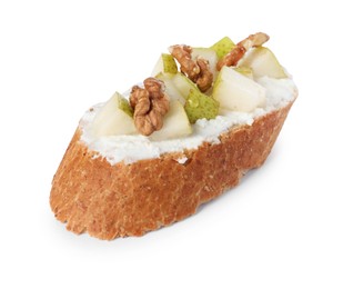 Photo of Delicious ricotta bruschetta with pear and walnut isolated on white