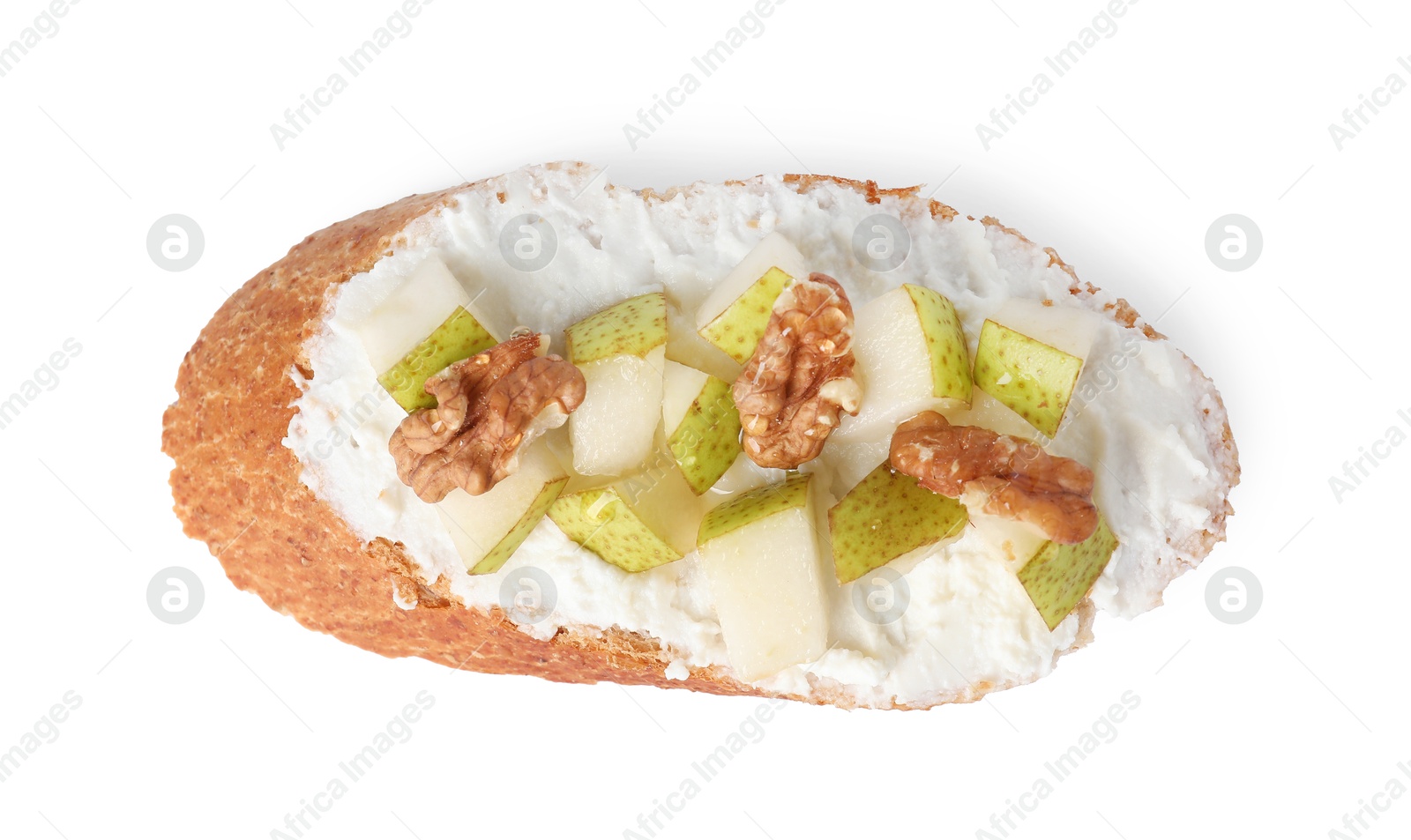 Photo of Delicious ricotta bruschetta with pear and walnut isolated on white, top view